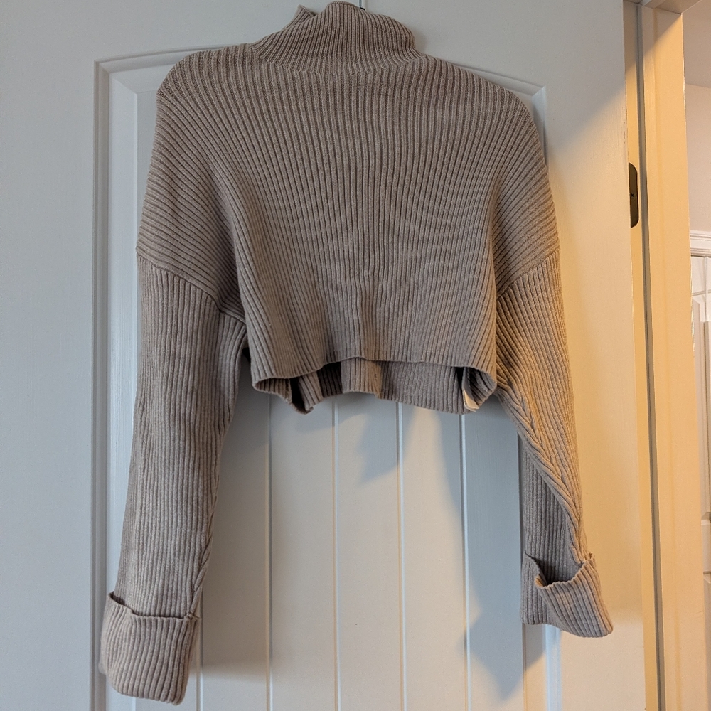 Zara Cropped Ribbed Turtleneck Sweater - Taupe